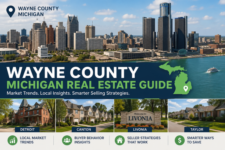 Wayne County Michigan real estate map with Detroit Canton Livonia housing trends