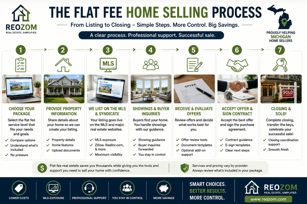 Seven-step flat fee home selling process in Michigan from choosing a listing package and MLS exposure through offers and closing