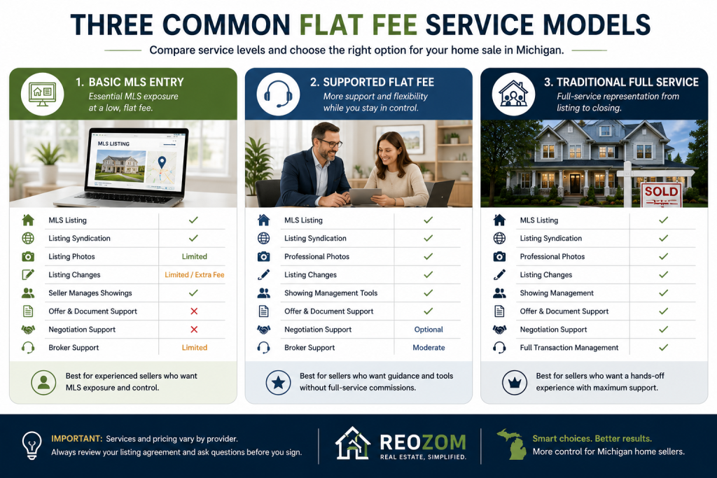 Comparison of basic MLS entry, supported flat fee and traditional full-service real estate options for Michigan home sellers