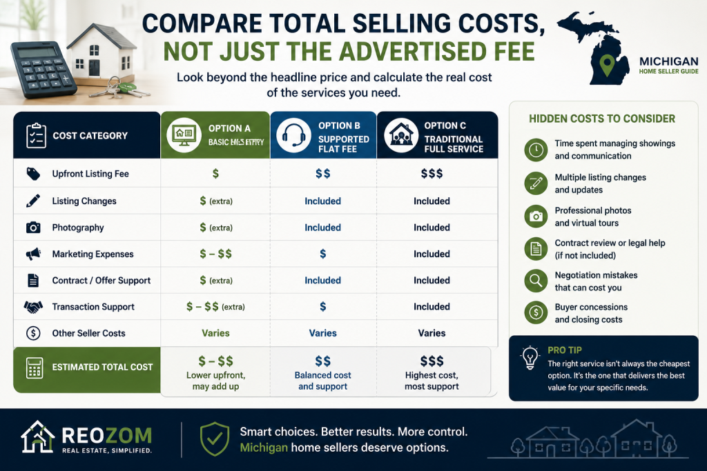 Comparison of Michigan home selling costs for basic Flat Fee MLS, supported flat fee and traditional full-service real estate options