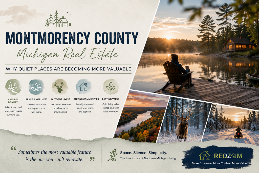 Montmorency County Michigan lake surrounded by forests and peaceful homes representing quiet living and Northern Michigan real estate