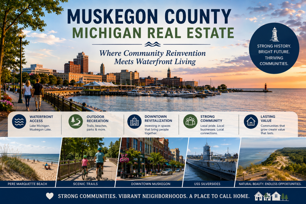 Muskegon County Michigan waterfront featuring downtown Muskegon, Muskegon Lake, marina, beaches, and revitalized neighborhoods