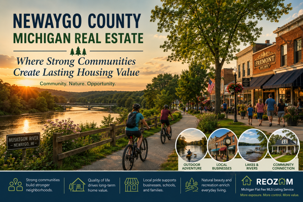Newaygo County Michigan community featuring downtown Fremont, the Muskegon River, local businesses, and residential neighborhoods