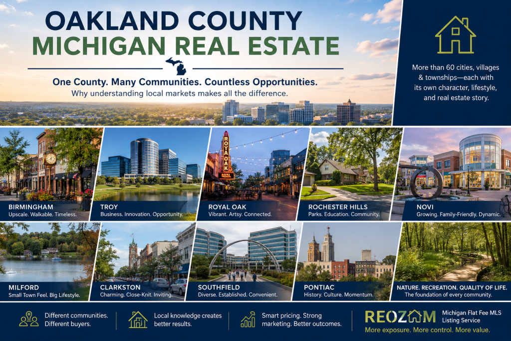 Oakland County Michigan communities including Birmingham, Troy, Novi, Royal Oak, and Rochester Hills representing diverse local housing markets