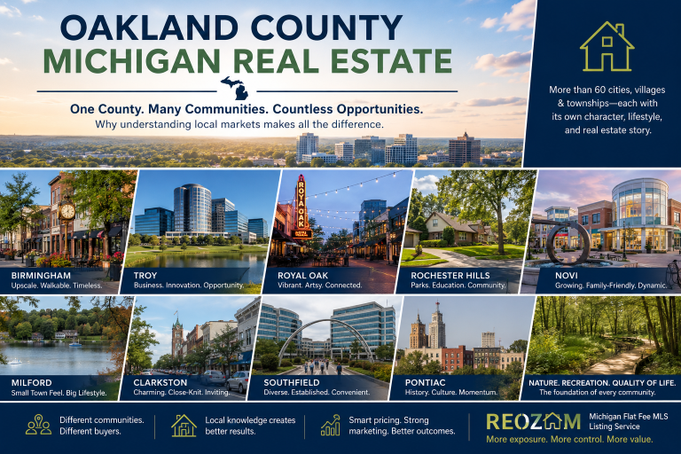 Oakland County Michigan communities including Birmingham, Troy, Novi, Royal Oak, and Rochester Hills representing diverse local housing markets