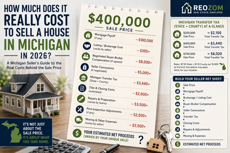 Cost to sell a house in Michigan showing brokerage fees, transfer taxes, closing costs, repairs, concessions and estimated seller net proceeds