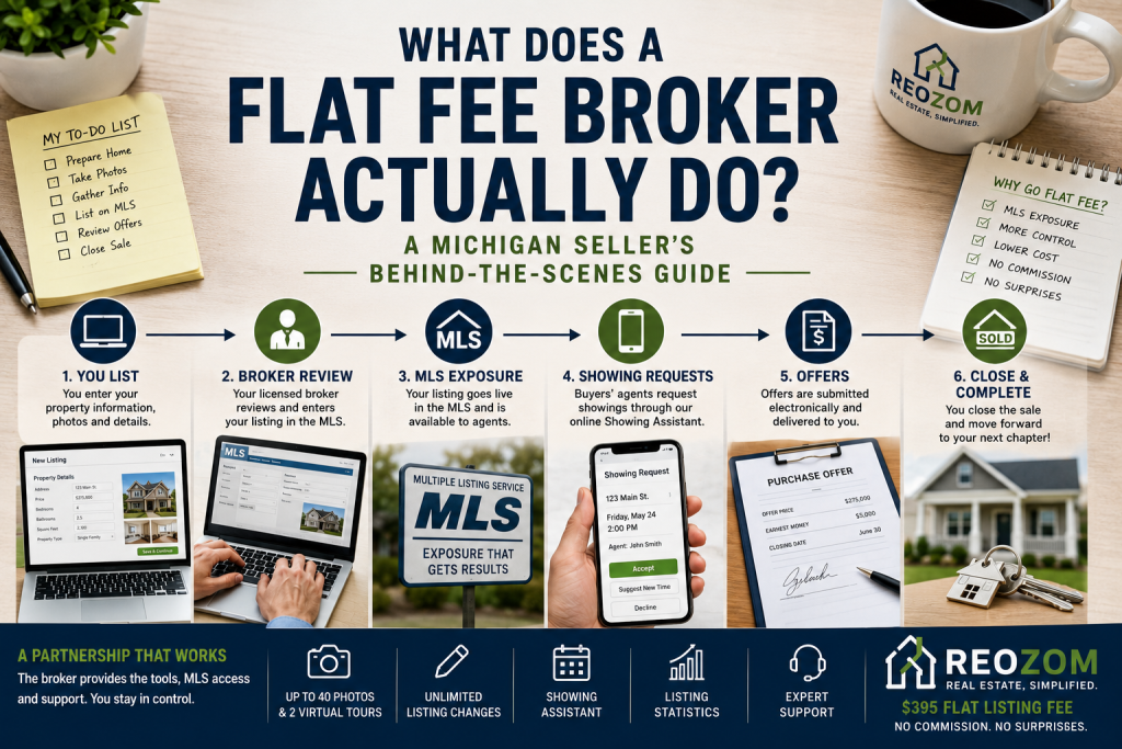 Michigan flat fee broker process showing listing setup, broker review, MLS exposure, showing requests, offers and closing