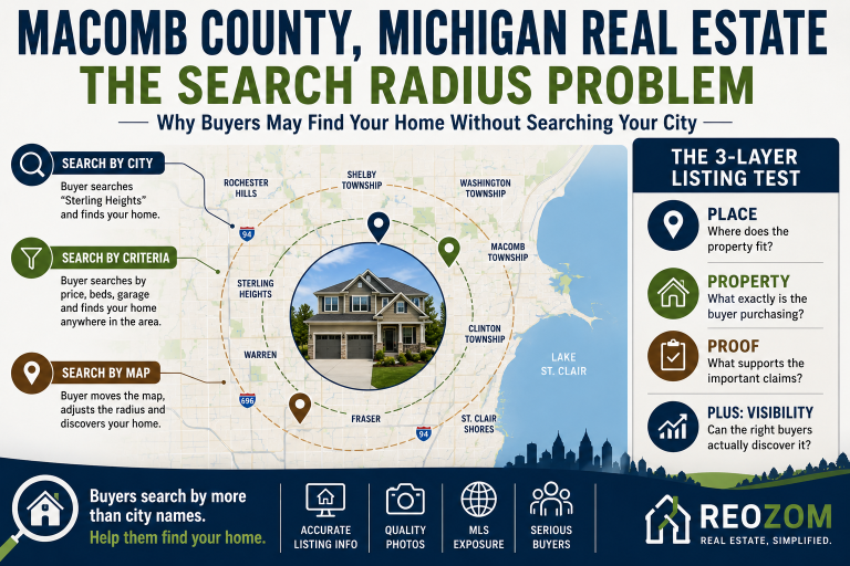 Macomb County Michigan real estate search radius showing how buyers may discover a home by city, property criteria or map search