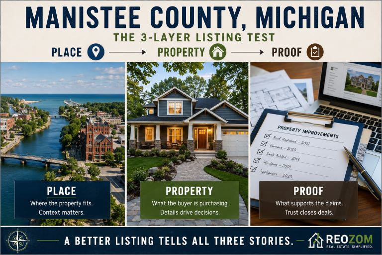Manistee County Michigan real estate visual showing location context, a residential property and supporting property information