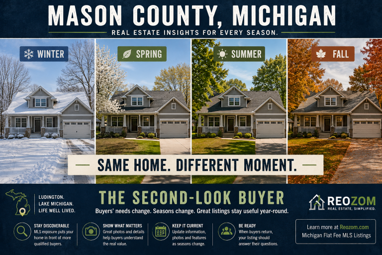 Mason County Michigan real estate showing the same home across winter, spring, summer and fall to illustrate changing buyer perspectives