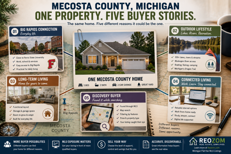 Mecosta County Michigan real estate infographic showing five ways buyers may evaluate the same home based on Big Rapids access, recreation, long-term living, connectivity and online discovery