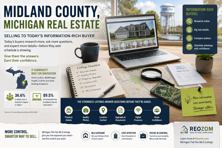 Midland County Michigan real estate guide showing how research-driven homebuyers evaluate property details, photos, location and listing information