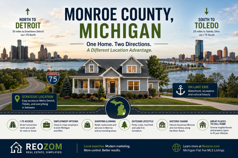Monroe County Michigan real estate graphic showing a home between Detroit and Toledo with I-75 access and Lake Erie
