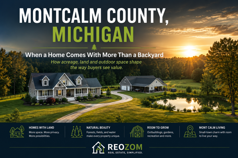 Montcalm County Michigan home with acreage, wooded land, pond and outbuilding representing rural residential real estate