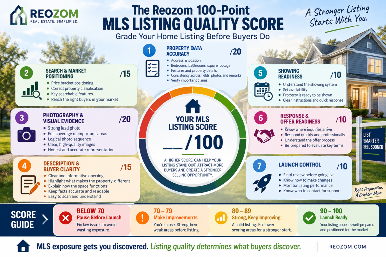 100-point Michigan MLS listing quality score for evaluating property data, pricing, photos, description, showings and offer readiness